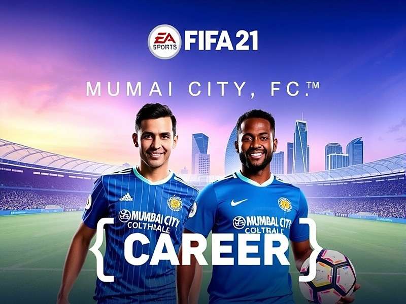 FIFA 21: Mumbai City FC Career game cover featuring players in blue jerseys with Mumbai skyline in background