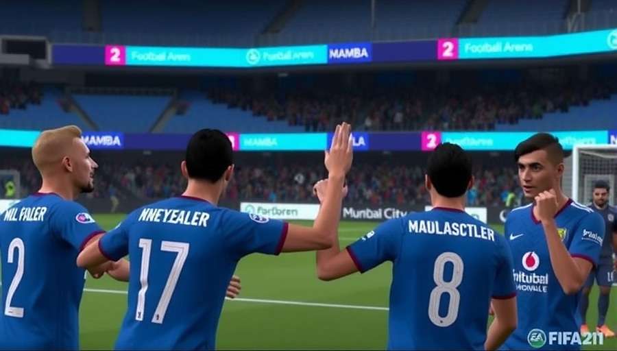 FIFA 21: Mumbai City FC Career gameplay showing players in blue jerseys celebrating a goal at Mumbai Football Arena